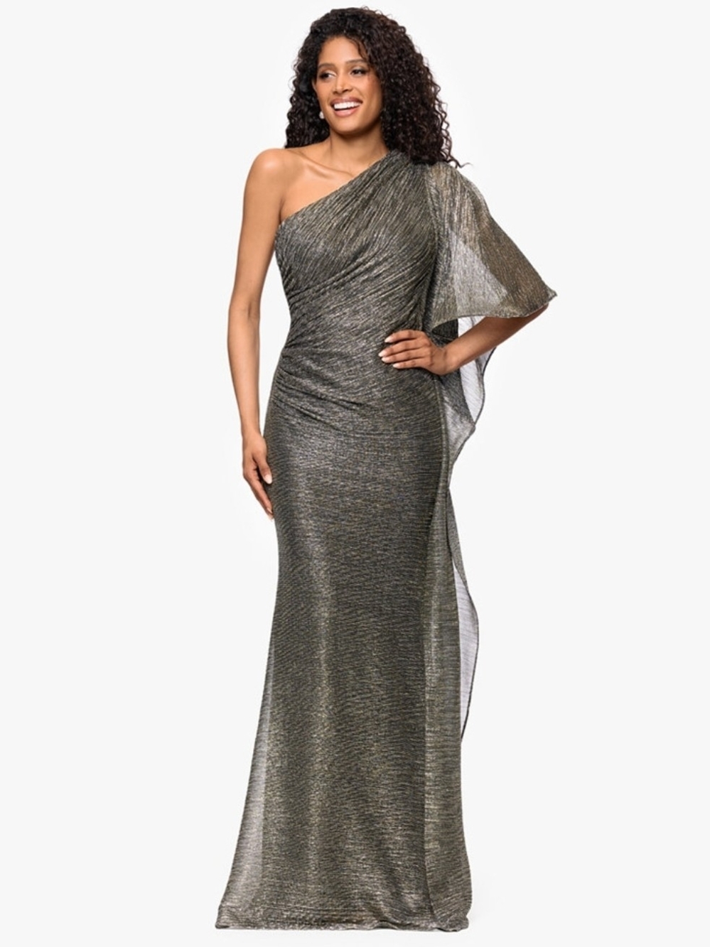 Betsy & Adam Metallic Crinkle One Shoulder Ruffle Sleeve Ruched Gown Size 10